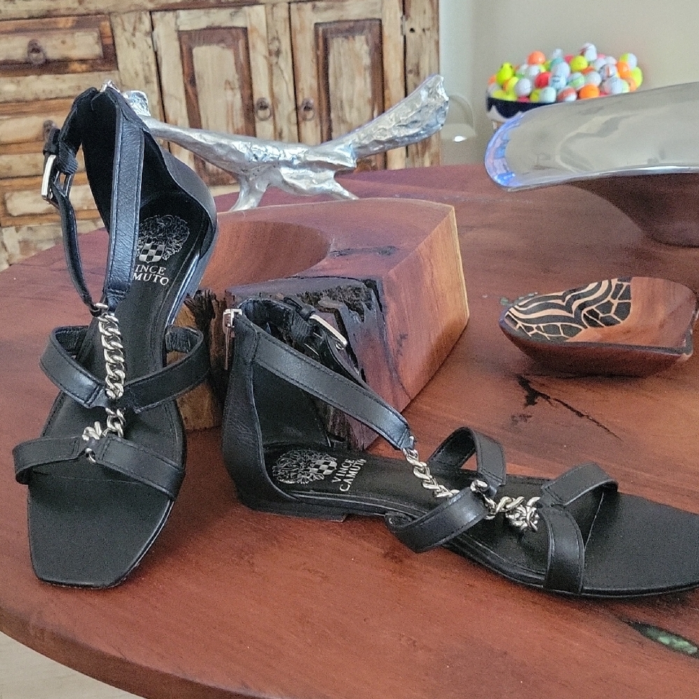 Vince Camuto Black Strappy Chain Sandals, Leather